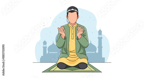 Muslim Man Performing Dua Prayer with Mosque Silhouette Illustration