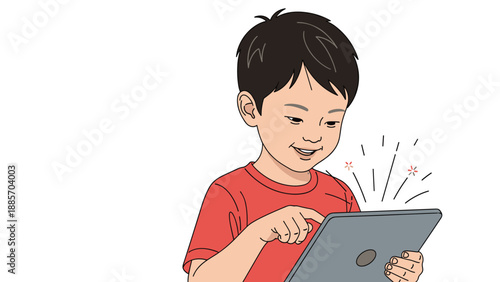 Curious young boy in a red shirt concentrating while playing an interactive game or learning on a digital tablet with light sparks.