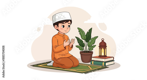 Boy Praying in Ramadan with Books and Lantern