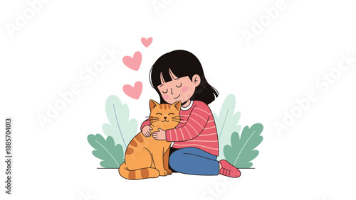 Sweet young girl sitting on the grass and affectionately hugging a happy orange striped cat with pink hearts floating around them.