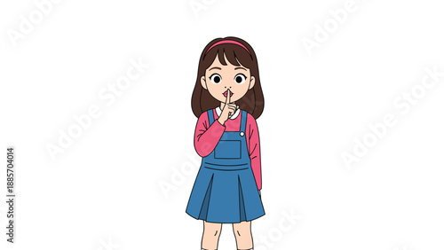 Cute young girl with brown hair and a headband wearing a blue denim jumper making a quiet shushing gesture with her finger to lips.