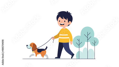 Happy young boy wearing a yellow striped shirt walking his beagle dog on a leash past green bushes on a bright sunny day.