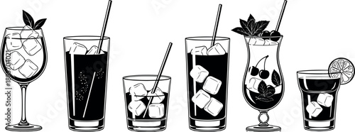 Cocktail glass silhouette illustration set featuring mixed drinks with ice cubes, straws, fruit garnish, and bar beverage collection isolated on white background
