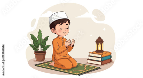Eid Prayers and Quran Illustration with Lantern