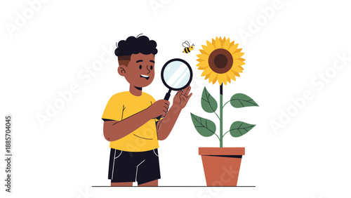 Curious young boy using a magnifying glass to closely observe a large yellow sunflower and a small bee flying nearby in a pot.