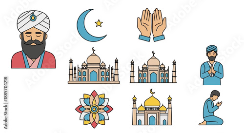 Islamic and Cultural Symbols with Taj Mahal and Prayer Icons