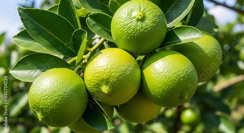 Fresh green limes growing on a tree branch with vibrant leaves in sunlight