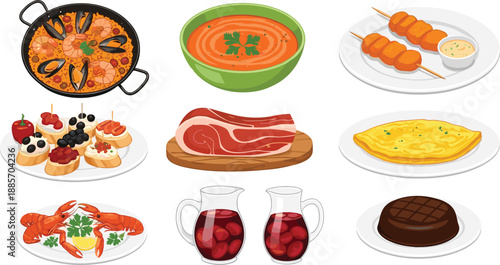 Restaurant food dishes collection with soup meat seafood dessert and drinks vector illustration set