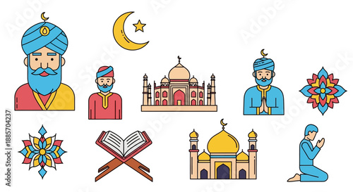 Islamic Symbols, Taj Mahal, Prayer, and Decorative Elements