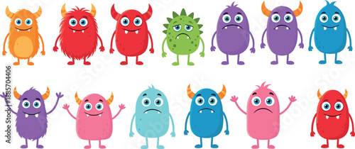 Cute cartoon monster characters set with colorful funny creatures showing different emotions, fantasy kids mascots collection isolated on white background