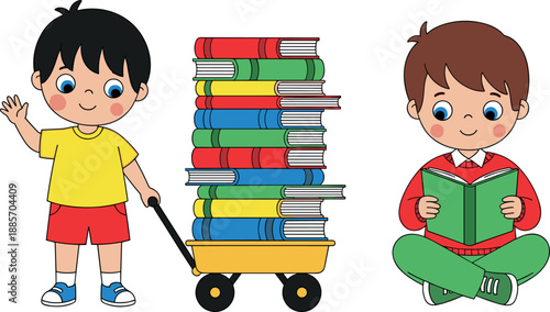 Cute cartoon kids illustration showing boys reading books and carrying a book cart colorful education learning concept vector isolated on white background