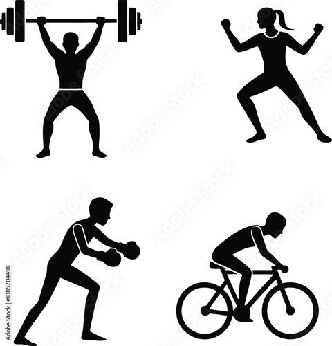 Athletic sports silhouette icons set featuring weightlifting with barbell, boxing training, cycling exercise, and woman doing aerobics workout.