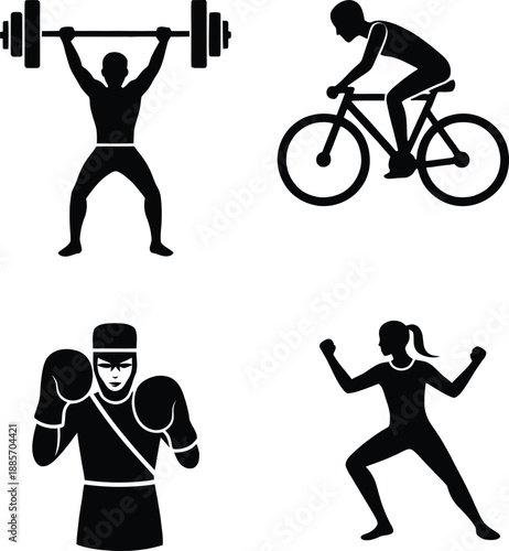 Collection of sports silhouette icons including a man lifting a barbell, a female boxer, a cyclist on a bike, and a person doing aerobics exercise.