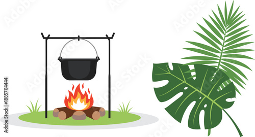 Outdoor camping cooking pot over campfire with tropical leaves vector illustration isolated on white background