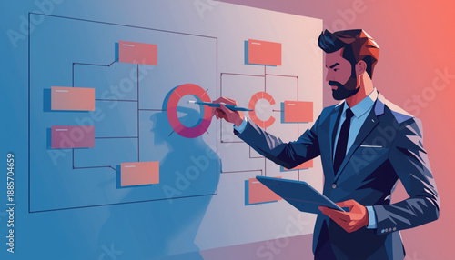 Businessman in suit presenting a flowchart on a large screen with a magnifying glass