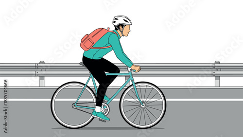 Cyclist riding bicycle on urban road wearing helmet and backpack isolated on white background modern city commuting flat illustration vector lifestyle transportation design
