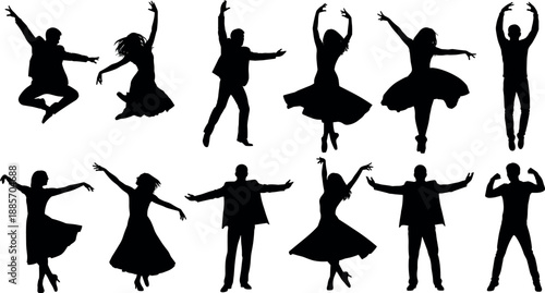 Dancing people silhouettes set with energetic jumping and expressive poses, male and female dancers isolated on white background illustration