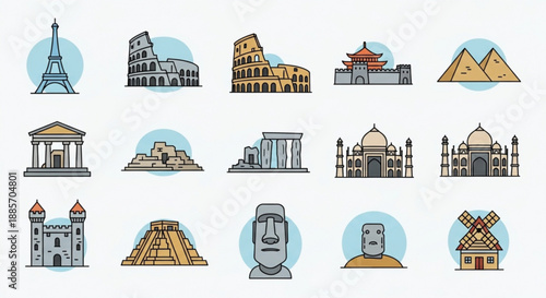 Collection of famous landmarks and monuments from around the world in a colorful cartoon style