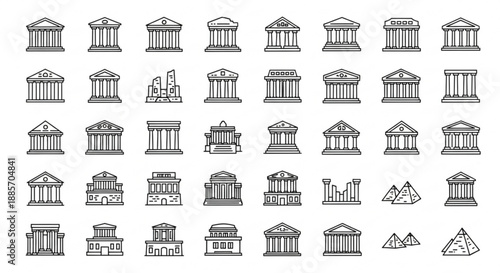Collection of various architectural building icons in line art style