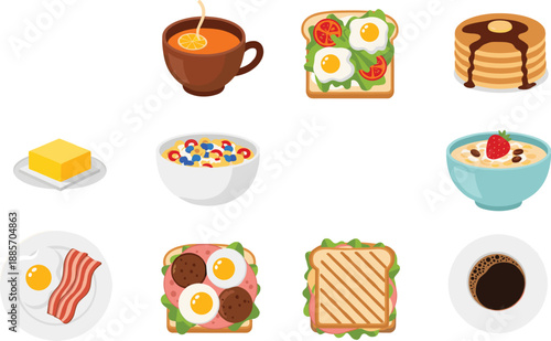Breakfast food icons collection with coffee toast eggs cereal and pancakes vector illustration set