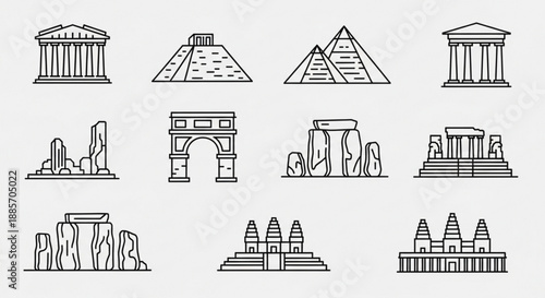 A collection of iconic ancient architectural landmarks and monuments in a simple line drawing style on a light gray background