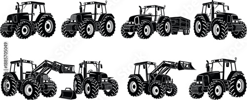 Farm tractor silhouette set featuring agricultural machinery with loader, trailer, and different angles isolated on white background vector illustration for rural farming design