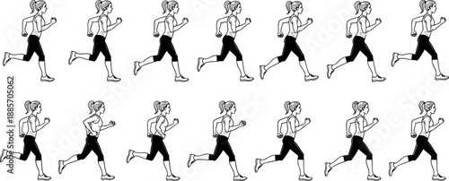 Female running sequence illustration showing athletic woman jogger motion cycle isolated on white background for fitness sport training design vector line art