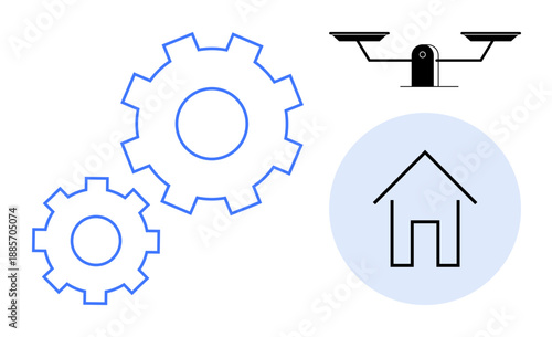 Engineering, equity, homeownership, housing stability, balance, justice. Two gears, a weighing scale and a house icon. Engineering and equity concepts connected to justice and housing