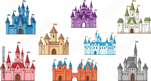 Fairytale fantasy castle buildings collection with colorful medieval architecture vector illustration set
