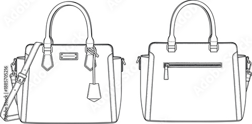 Front and back view handbag technical line illustration with shoulder strap zipper details isolated on white background fashion accessory design template