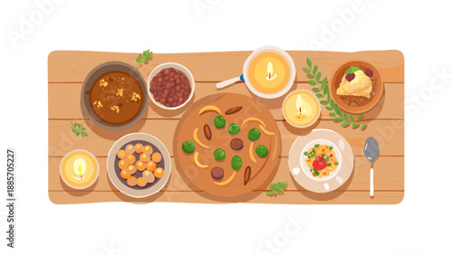 A top-down view of a rich Iftar feast on a wooden table, featuring dates, olives, fresh bread, and steaming lentil soup in clay bowls, surrounded by warm candlelight. No text.