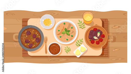 A top-down view of a rich Iftar feast on a wooden table, featuring dates, olives, fresh bread, and steaming lentil soup in clay bowls, surrounded by warm candlelight. No text.