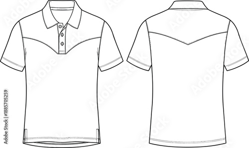 Front and back view polo shirt technical fashion illustration with collar buttons seams details isolated on white background apparel design template