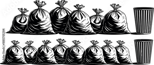 Garbage trash bags illustration showing full waste sacks and empty bins isolated on white background for sanitation recycling cleanup concept urban management