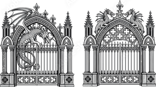 Gothic ornamental gate illustrations featuring mythical dragon sculptures, medieval fantasy architecture details, intricate black and white line art vector isolated on white background