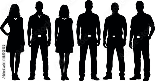 Group of men and women standing silhouettes showing diverse human figures in casual clothing people lineup vector illustration isolated on white background
