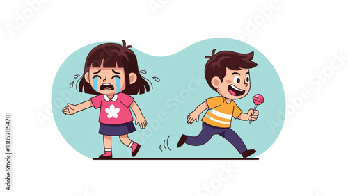 Distressed young girl in a pink shirt cries as a mischievous boy runs away with her stolen pink lollipop, showing a conflict between children.