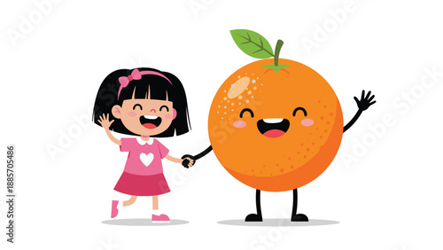 Happy little girl in a pink dress walks hand in hand with a friendly, giant orange fruit character, celebrating healthy eating and fun.
