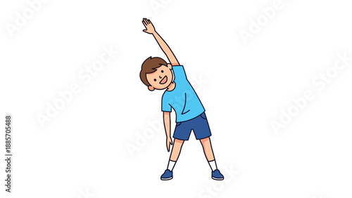 Young boy in a light blue t-shirt and dark shorts performs a side stretch exercise to improve his flexibility and maintain a healthy lifestyle.