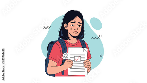 Young schoolgirl with a red backpack looks sad and disappointed while holding a graded test paper, reflecting on her academic performance.