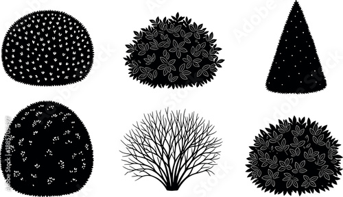 Garden bush and shrub silhouettes collection with decorative foliage hedge shapes isolated on white background for landscaping nature design illustration