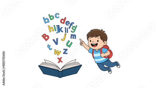 Enthusiastic school boy with a backpack flying through the air while pointing at colorful alphabet letters coming from an open book.