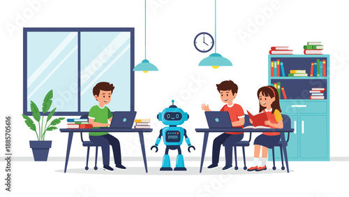 Group of diverse school children working on laptops and reading books in a modern classroom featuring a friendly blue robot assistant.