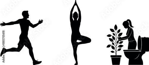 Healthy lifestyle silhouettes showing running man yoga pose and woman caring for plant symbolizing fitness mindfulness wellness and sustainable daily habits concept
