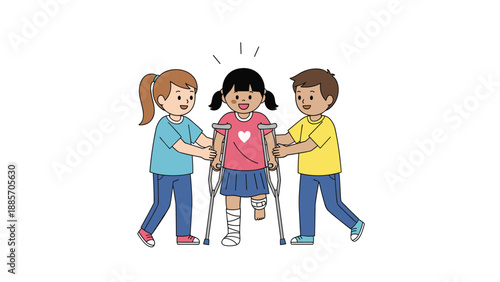 Kind school children supporting and helping their friend who is using crutches because of a broken leg with a bandage.