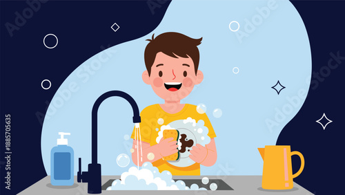 Diligent young boy smiling while happily washing a dirty plate in a kitchen sink with lots of soap bubbles and foam.