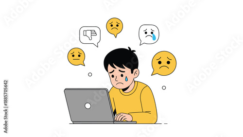 Sad young boy sitting at a laptop and feeling distressed by negative social media reactions and cyberbullying icons floating above.