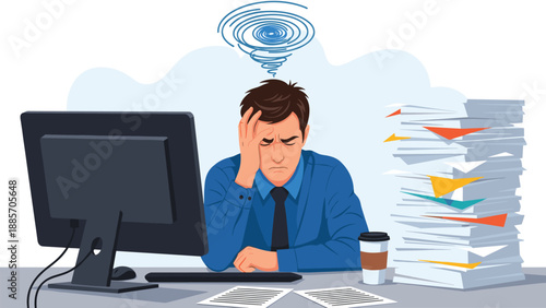 Overwhelmed businessman sitting at his office desk with huge piles of paperwork and a computer feeling stressed and exhausted.