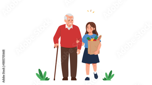Helpful young girl walking with her grandfather and carrying a brown paper bag full of fresh groceries and food items.