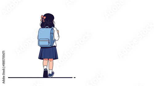 Back view of a young school girl wearing a blue uniform and a backpack while walking alone towards the distance.